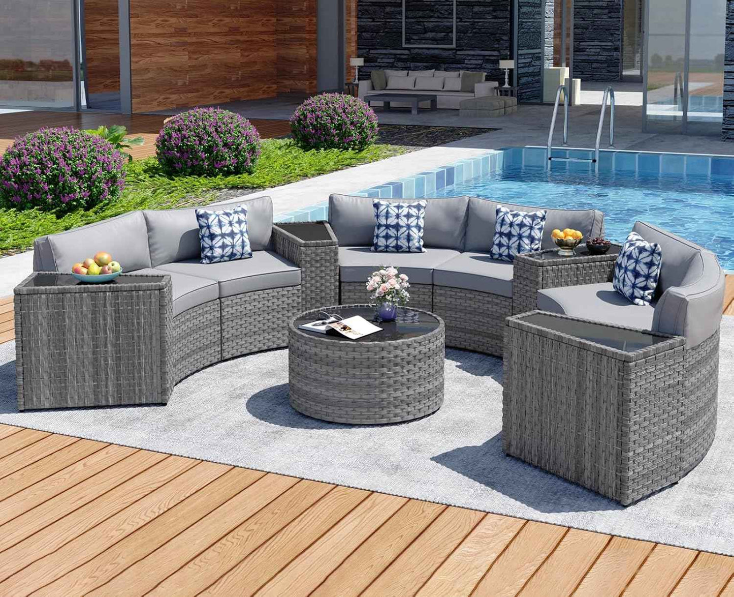 Outdoor Patio Furniture Set with Table, 11 Pieces Grey Rattan Half-Moon Sectional Round Set, Curved Conversation Set, Wicker Sofa with Tempered Glass Coffee Table (Gray, 11 Pieces)