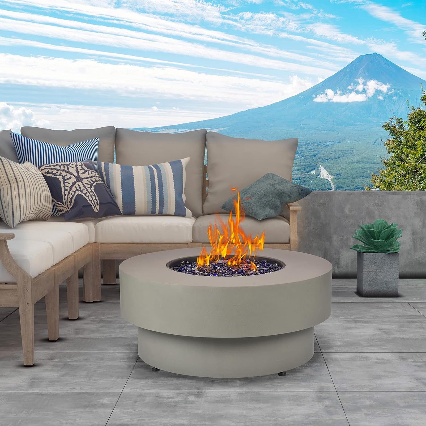 Propane Outdoor Fire Pit Table, Flint & Concrete Look 32-inch Round Patio Propane Fire Table 50,000 BTU w/Lid, Glass Rocks, Cover, Pre-Attached 10ft Hose