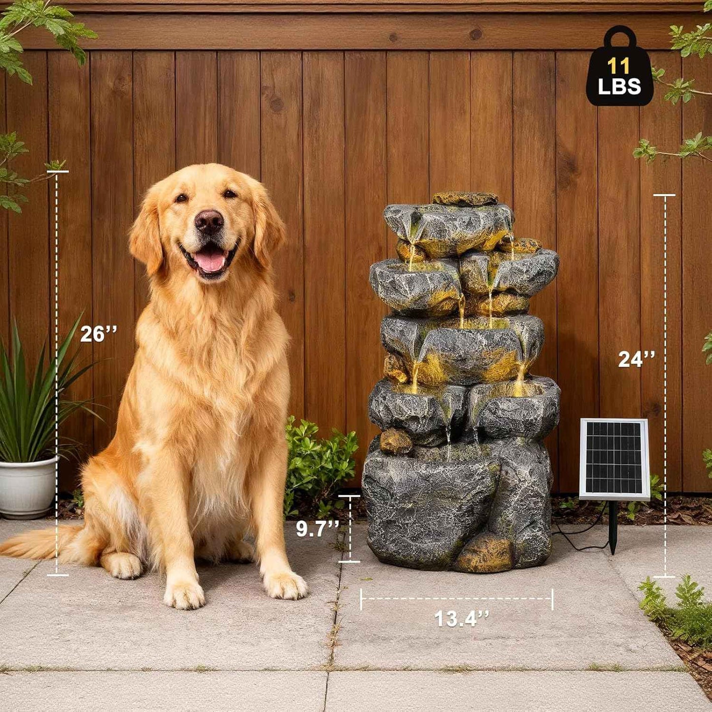 Solar Water Fountain Outdoor Garden, 24" H Cascading Stone Design 5 Tier Rock Feature Outdoor Fountains Waterfalls with Light, Pump Solar Panel for Patio, Deck, Porch, Backyard Home Décor