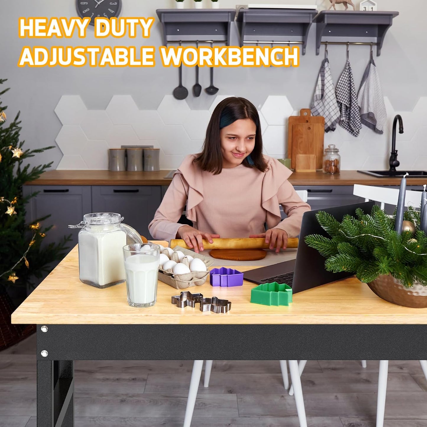 48’’ Work Bench Adjustable Workbench Heavy Duty Work Table with Rubber Pads, 2000 Lbs Capacity Hardwood Work Benches for Garage, Workshop, Office, Home