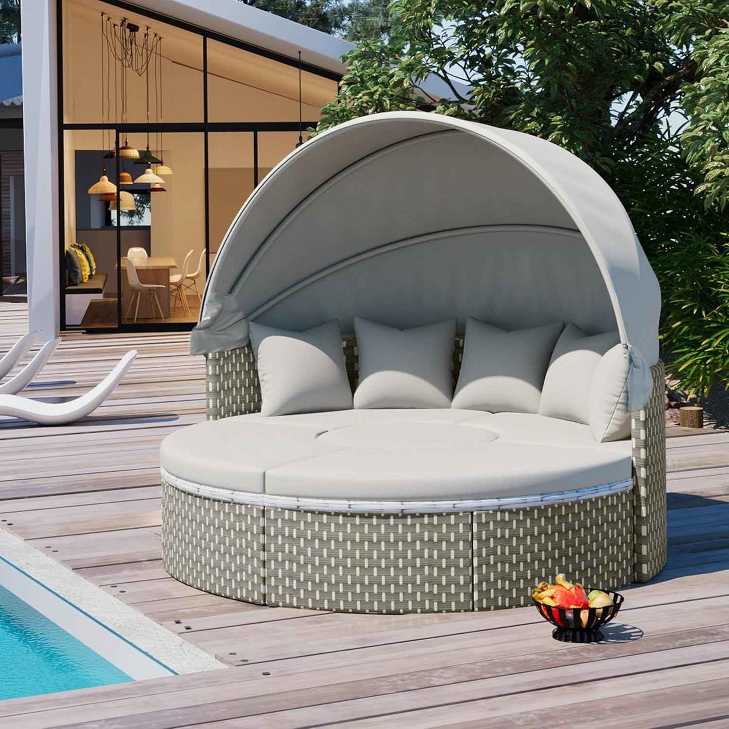 Merax Patio Furniture Round Outdoor Sectional Sofa Set, Rattan Daybed Two-Tone Weave Sunbed with Retractable Canopy, Separate Seating and Removable Cushion, Grey