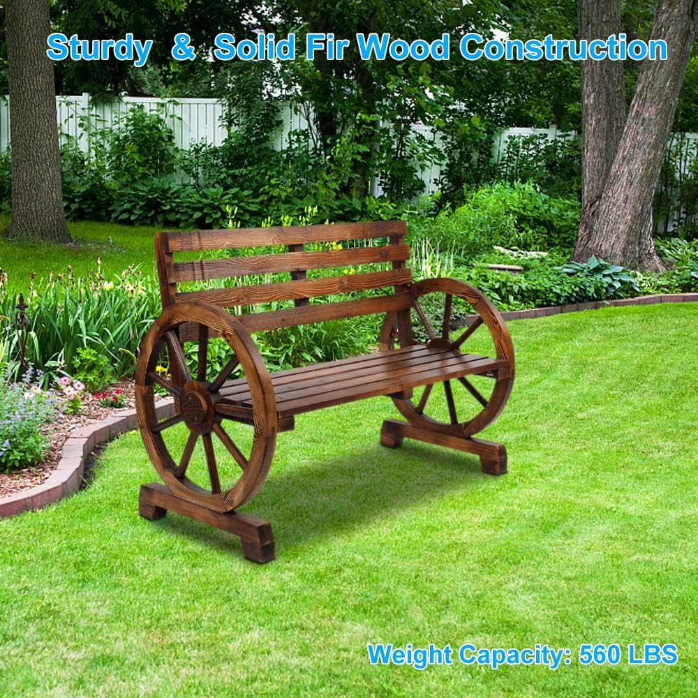 Outdoor Bench, 41 Inch Patio Bench, Rustic Wooden Wheel Bench, Wagon Slatted Seat, Porch Furniture, for Backyard, Patio, Garden, Outdoor Lounge, Brown