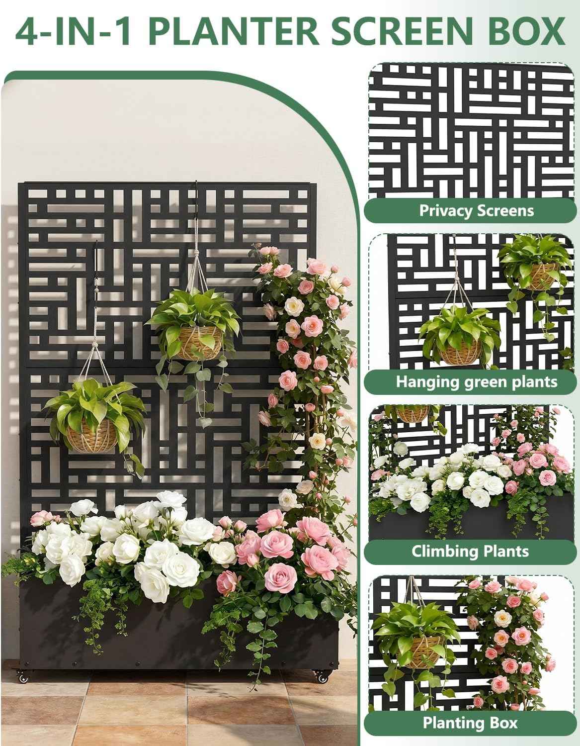 Metal Planter Box with Trellis,70.9"x47.2"x15.7" Raised Garden Bed with Drainage Holes, Privacy Planters for Outdoor Garden Bed for Climbing Plants,Vegetables,and Vines,Black-Modular