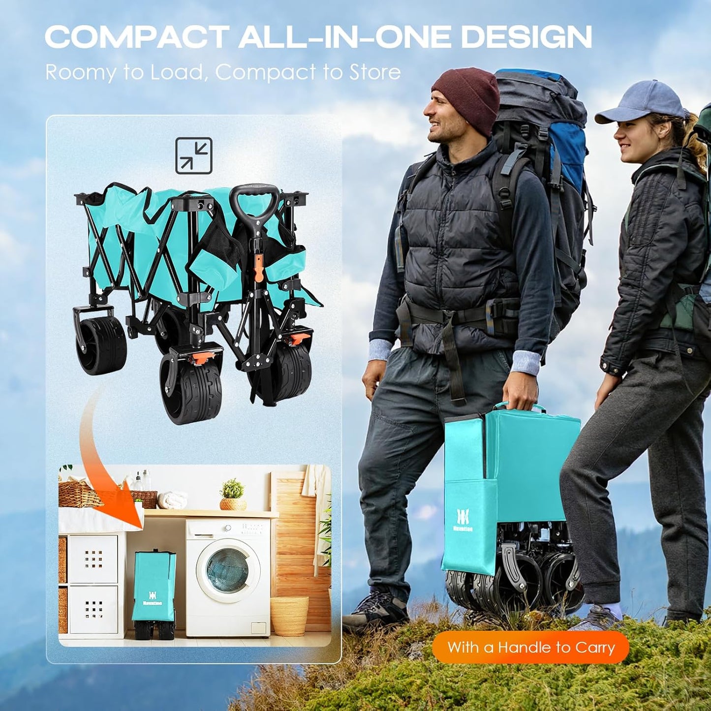 Navatiee Big Wheels Collapsible Wagon Cart Foldable, Heavy Duty Beach Wagon with Silent All-Terrain Wheels, Folding Utility Grocery Cart with Side Pocket and Brakes for Camping Garden Sports, Blue