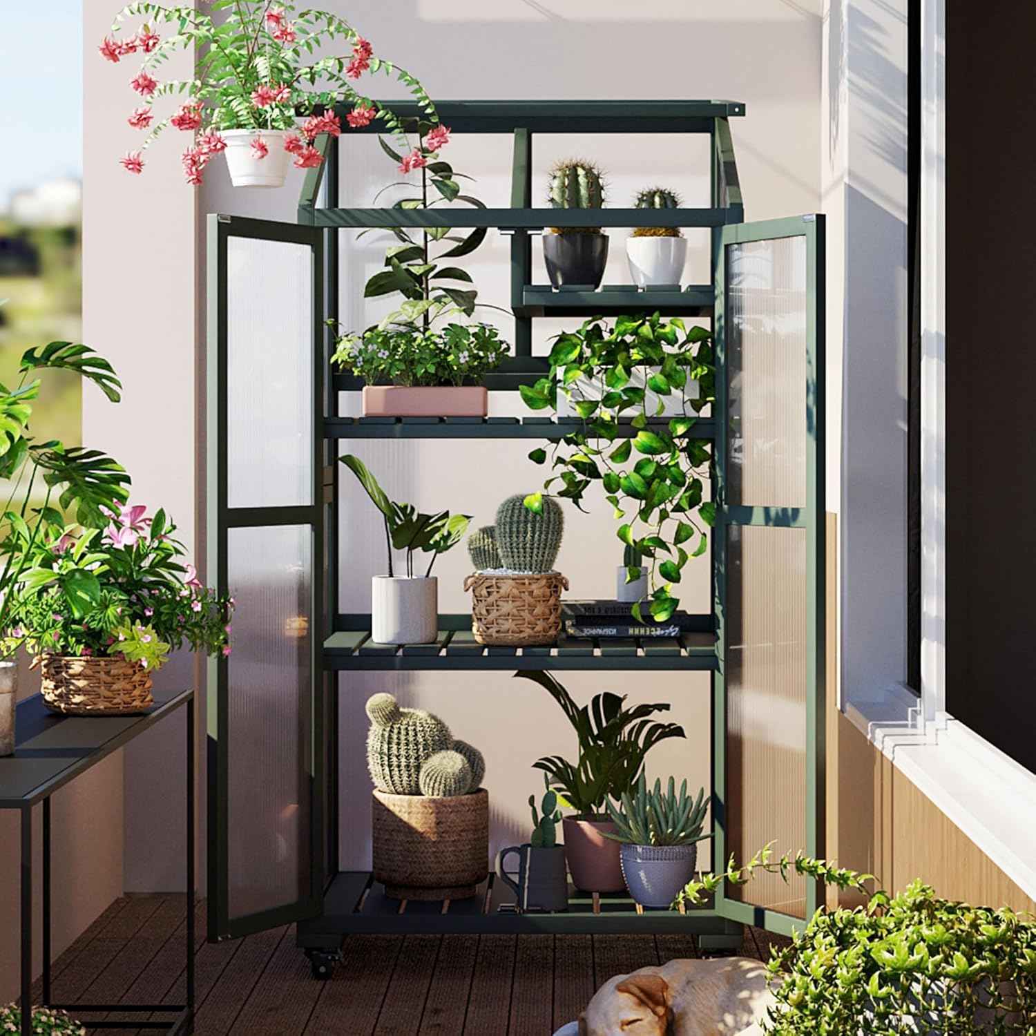 62‘’Wooden Greenhouse, Cold Frame Portable Greenhouse with Wheels and Adjustable Shelves for Indoor Outdoor Patio Balcony Garden, 31.5" Lx22.4 Wx62 H, Green