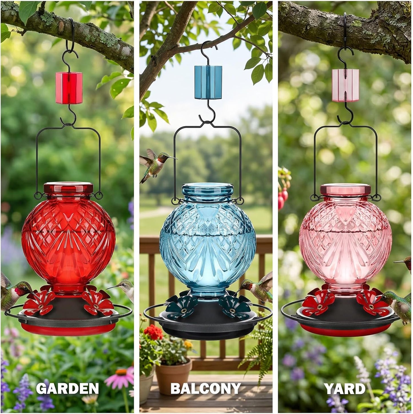 Glass Hummingbird Feeder for Outdoors Hanging, 20oz Bird Nectar Feeder with 4 Bee Guard Flower-Shaped Feeding Ports & Built-in Ant Moat, Easy to Clean, for Bird Lover,1 Pack, Red