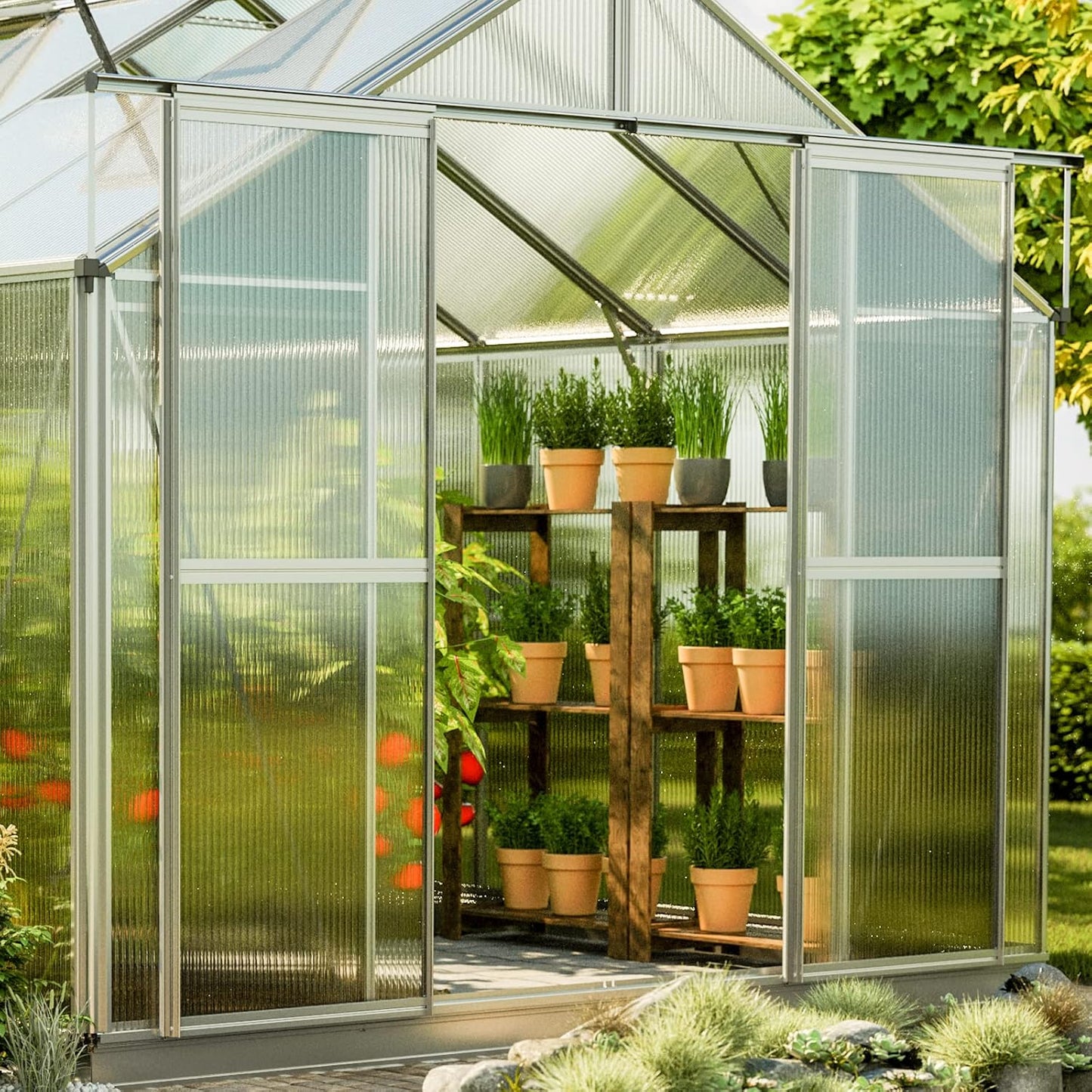 Greenhouse Topas 4 Aluminum Frame 7.4 x 8.5 ft Approx. 6 mm Polycarbonate Panels - with Bonus Base Frame and Automatic Vent Opener