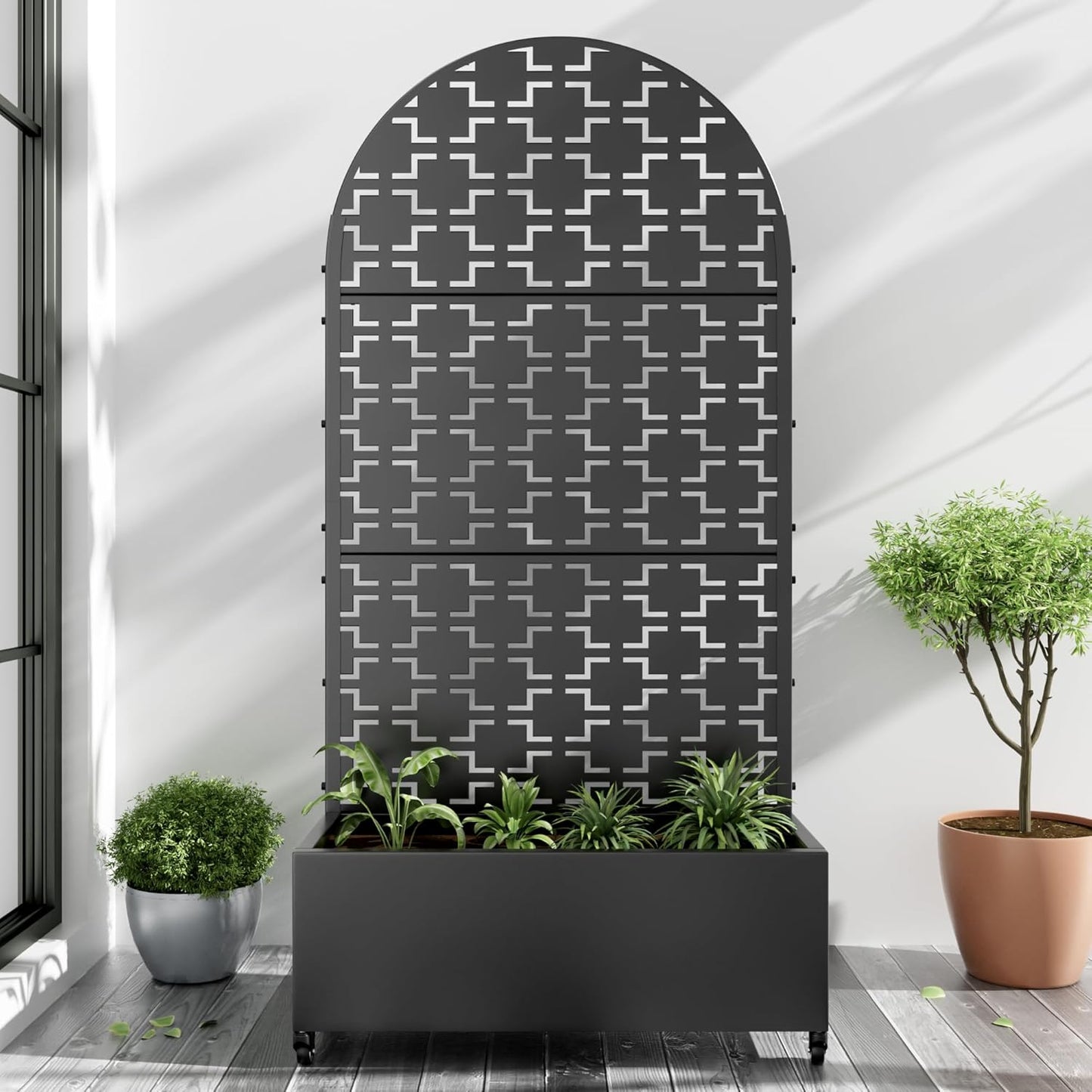 Casaphoria Metal Raised Garden Bed with Trellis and Wheels, 72"x35"x16" Arched Planter Box for Climbing Plants, Vegetables & Vines, Features Drainage Holes and Privacy Screen (Black-Brick)