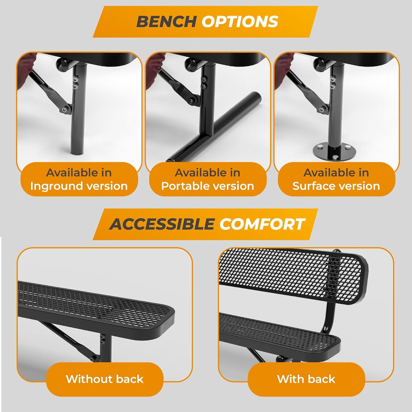 Heavy-Duty Outdoor Metal Bench, Thermoplastic-Coated, Surface, Weatherproof, Commercial-Grade for Parks, Gardens, Patios, Stores & More (8 Ft - Surface, Black)