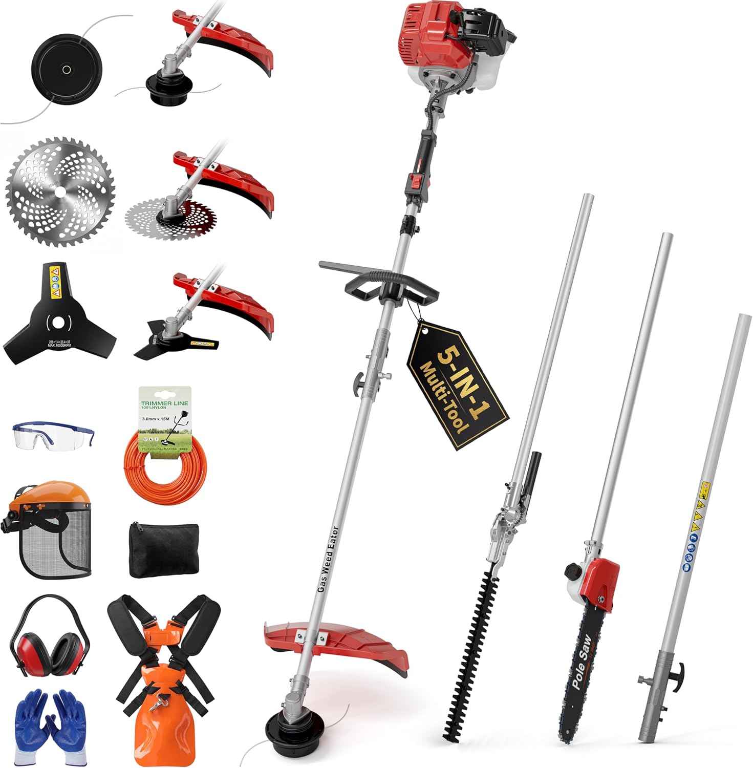 5-in-1 Weed Wacker Gas Powered – 52CC 2-Stroke String Trimmer/Edger, Pole Saw, Hedge Trimmer and Brush Cutter Blade with Extension Pole – Gas Powered Yard Tool for Landscaping (Red)
