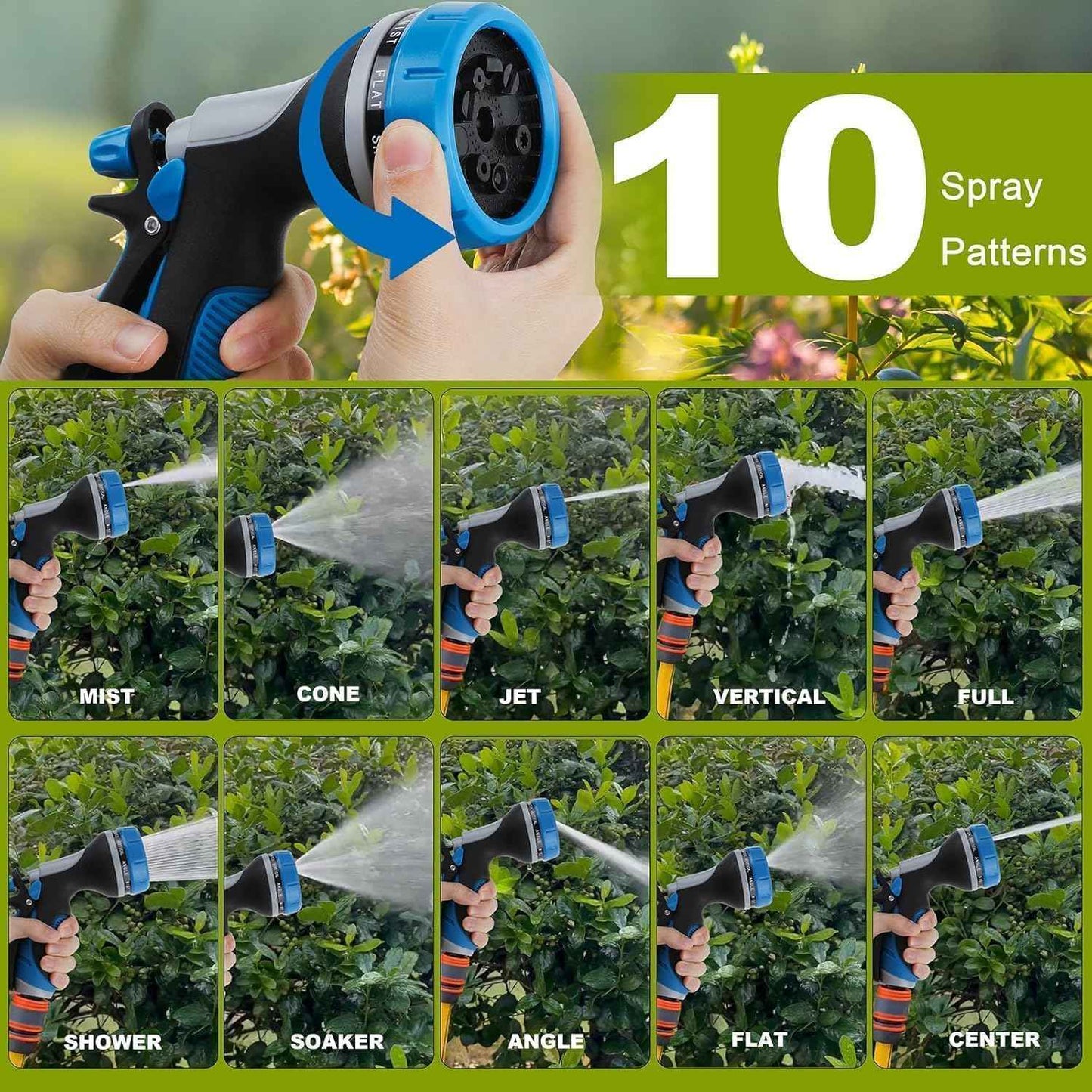 Garden Hose Nozzle with Adjustable 10 Watering Patterns, Water Hose Nozzle Sprayer with Slip Resistant,High Pressure Garden Hose Spray Nozzle for Plants & Lawns Watering,Car Washing and Pet Showering