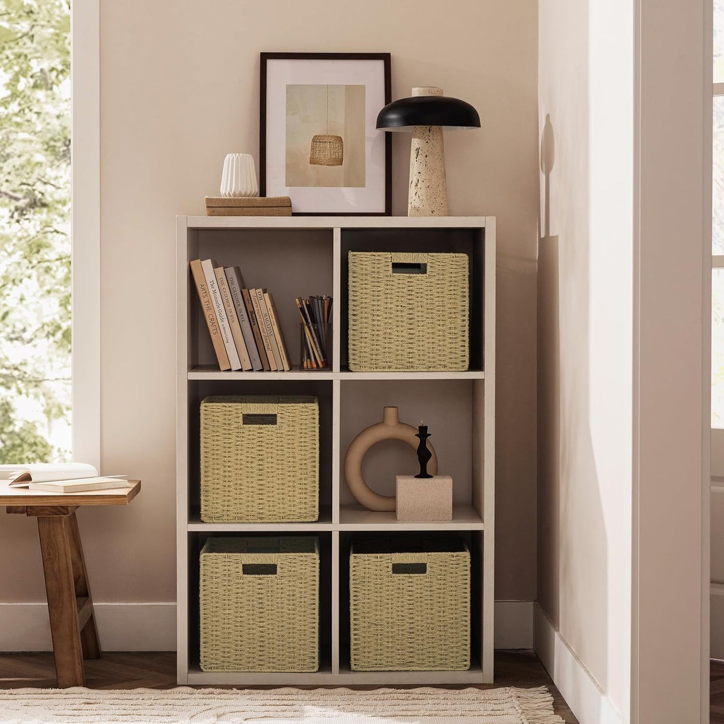 UBBCARE 4 Pack Wicker Basket, 11L×11H×10.5W inch Woven Paper Rope Storage Baskets for shelves, Foldable Cube Storage bin with Handle, Storage Basket for Organizing & Decor, Natural