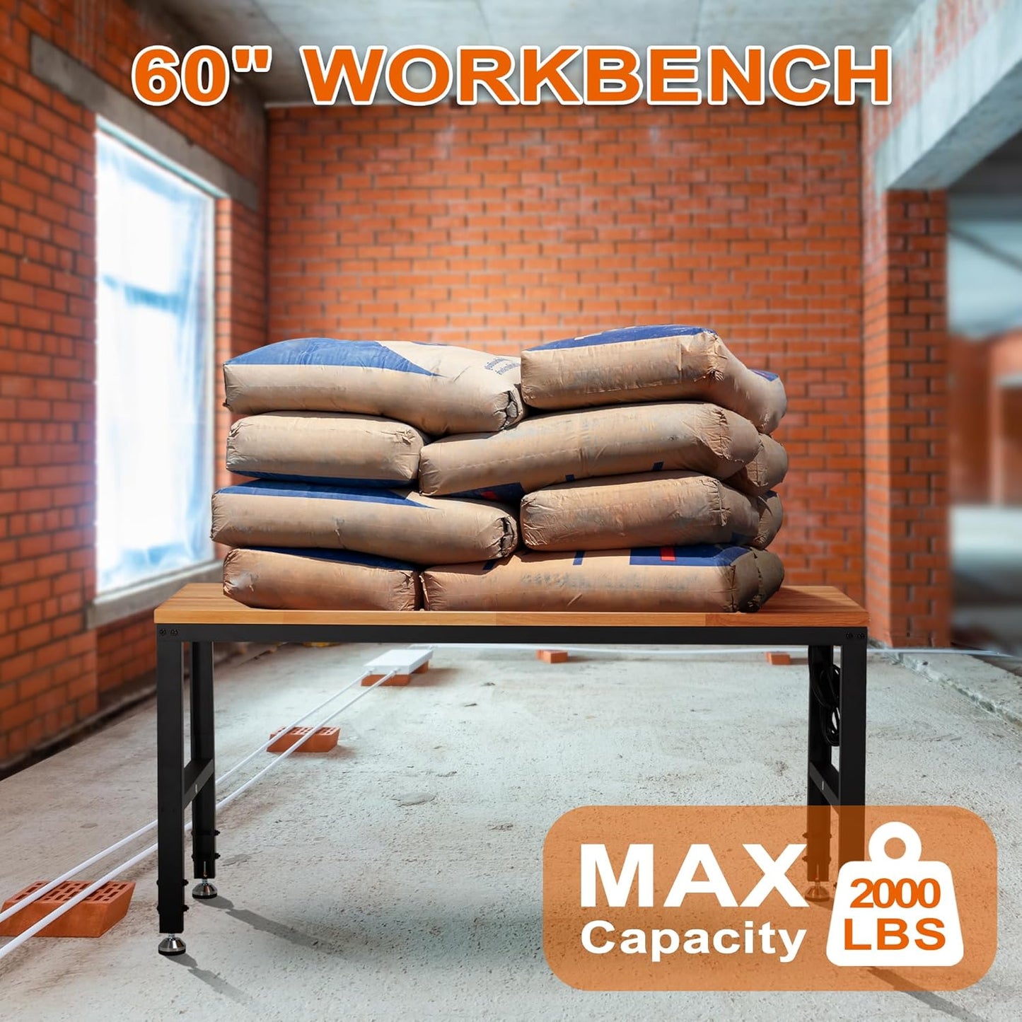 Haddockway Adjustable Workbench for Garage, 60" x 22" Rubber Wood Top Worktable with Power Outlets, Max 2000 Lbs Load Capacity Heavy Duty Workstation for Workshop Office Home (Black Frame, 60in)