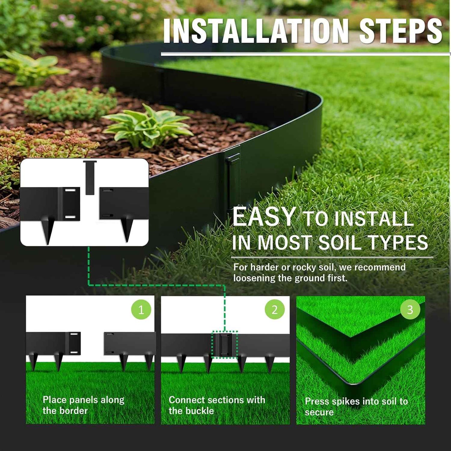 Metal Landscape Edging 20FT – 8” Tall Galvanized Steel Garden Border with Built-in Spikes & Connector Pins, No Dig Flexible Lawn Edging for Landscaping, Yard, Walkways & Flower Bed
