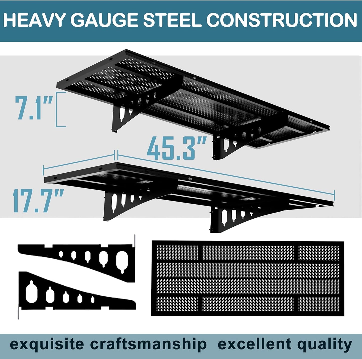 New 1 Pack Garage Wall Shelving, Heavy Duty 1.5' x 3.8' Wall Mount Storage Shelf with Hooks, Garage Storage Rack Floating Shelves, Holds 250 lbs Each