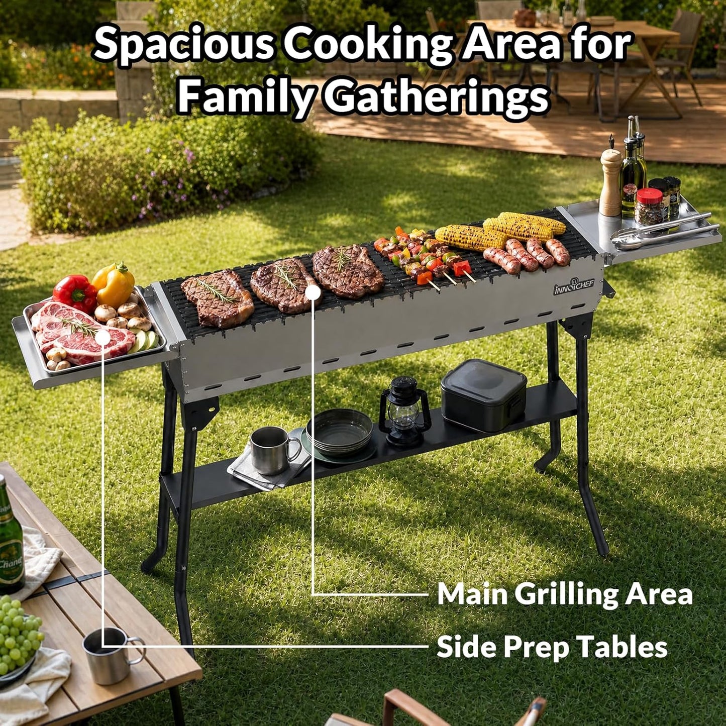 Charcoal Grill, Foldable Portable Camping Charcoal Grill, Stainless Steel BBQ Grill with Ceramic Grate, 2-in-1 Side Tables & Pull-Out Ash Pan Outdoor & Backyard Grill for Patio Cooking