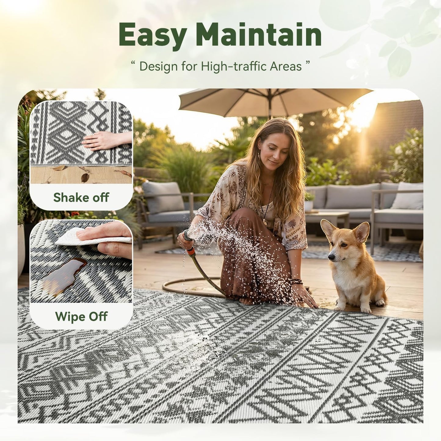 MontVoo-Outdoor Rug Waterproof 6x9 ft Outdoor Carpet Patio Rug Mat Reversible RV Camping Rug-Plastic Straw Rug Outside Outdoor Area Rug for Patio Deck Balcony Backyard Picnic Beach -Boho Grey