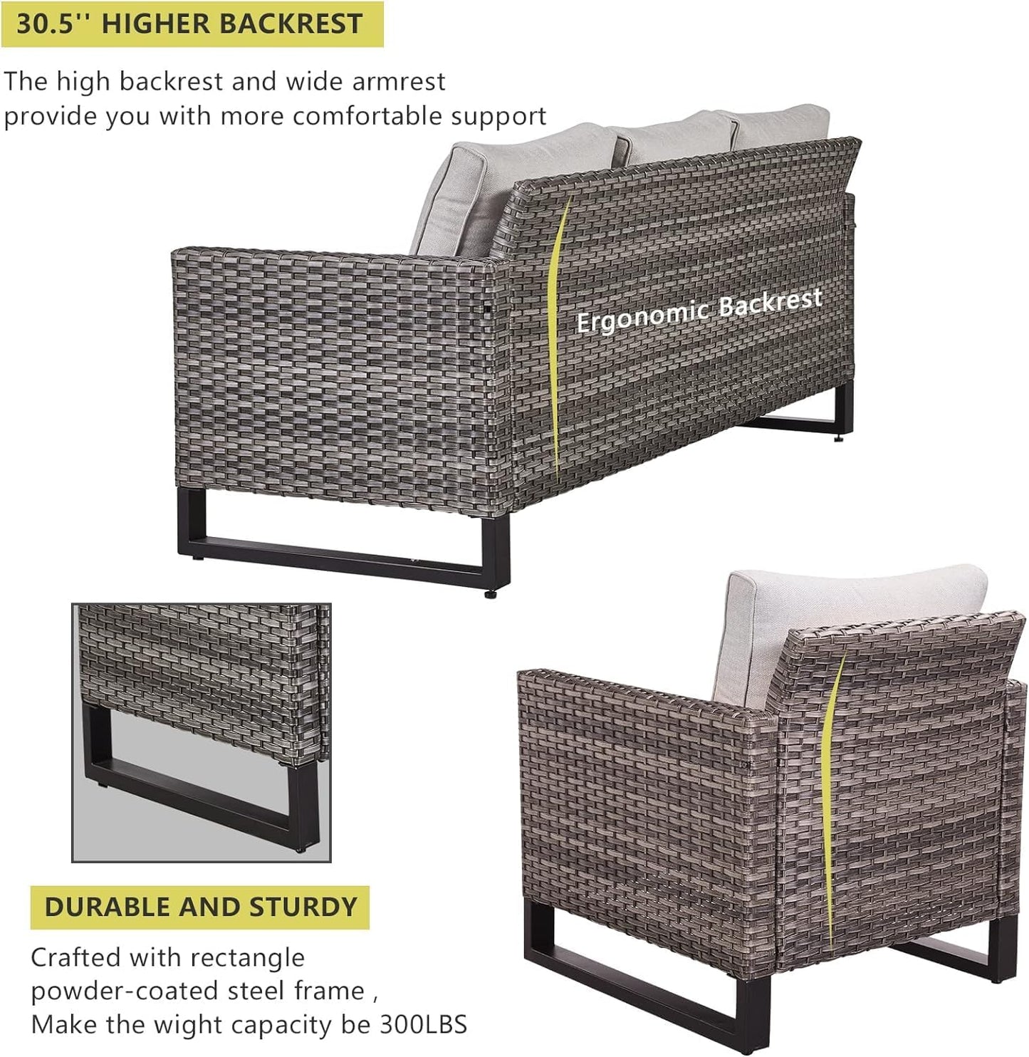 HUMMUH 8 Piece Patio Furniture with Fire Pit,PE Wicker Outdoor Conversation Sets-6-Seater Sofa,Patio Swivel Chairs Outdoor Chairs, Propane Fire Pit,Side Table for Porch,Garden,Backyard