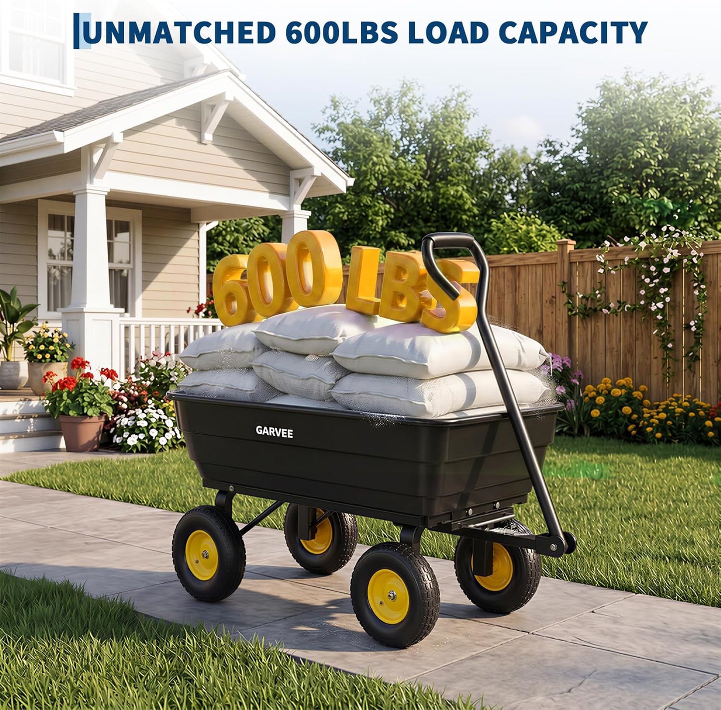 Garvee Poly Garden Dump Cart, Heavy Duty 600lbs Wheelbarrow Yard Cart Dump Wagon with 10”All Terrain Wheels, Garden Utility Wagon with Quick Release System& Convertible Handle Attach to ATV (Black)