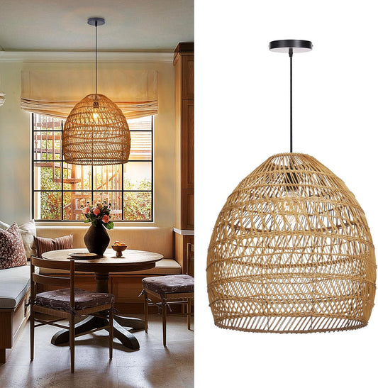 Arturesthome 17.7" Rustic Rattan Pendant Light,Woven Pendant Lighting Fixture,Vintage Farmhouse Chandelier Hanging Ceiling Lamp Shade for Kitchen Island Dining Room