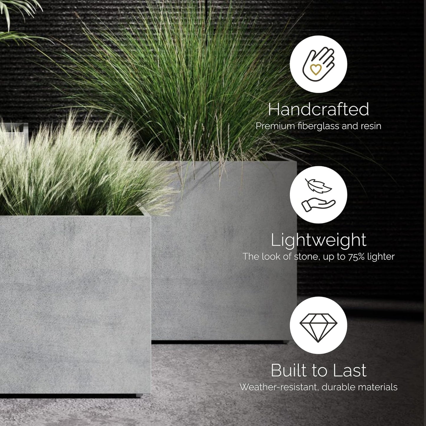 Reglito Cube Planter – Fiberglass Indoor/Outdoor and Weather-Resistant Large Planter (Grey Stone, 35.4" L x 35.4" W x 36" H)