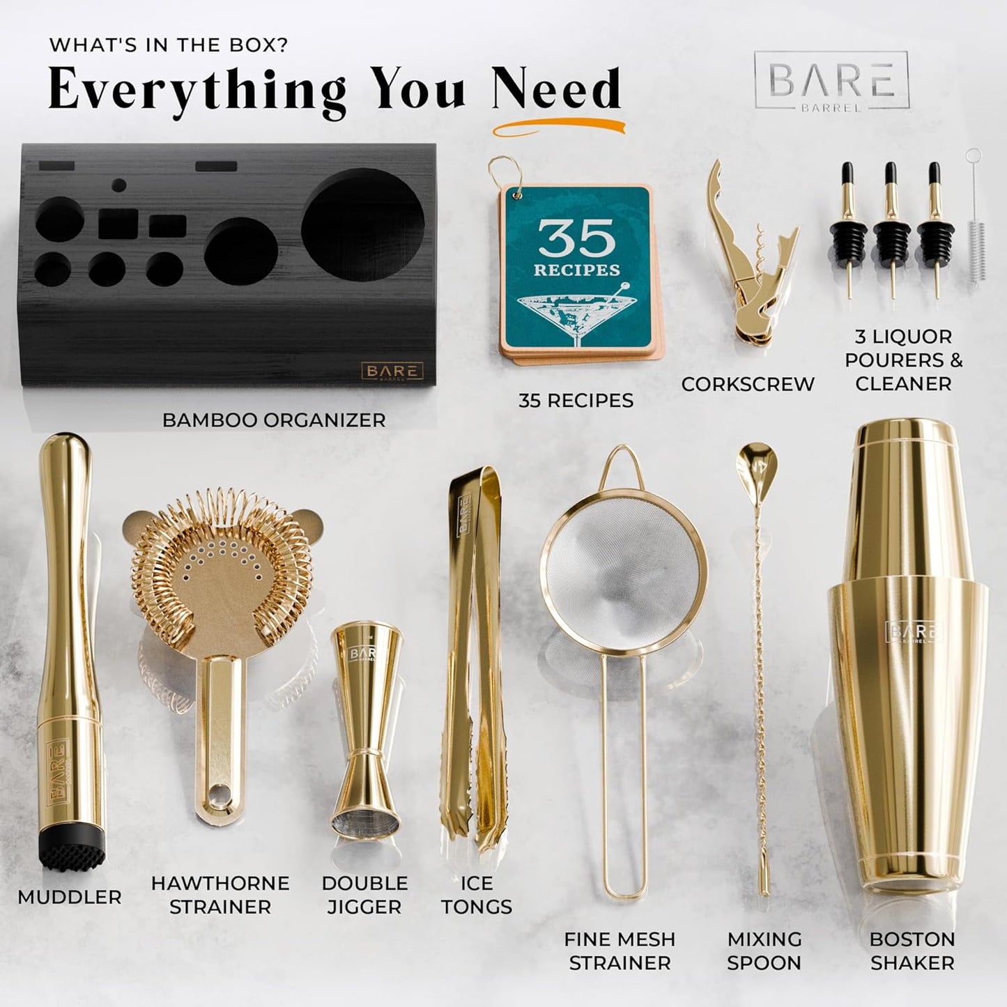 BARE BARREL® Mixology Bartender Kit Bar Set | 14-Piece Cocktail Shaker Set | Martini Barware Mixing Tools for Home Bartending | Incl. 35 Recipe Cards | Gift Set (28oz Boston Shaker, Gold/Black)