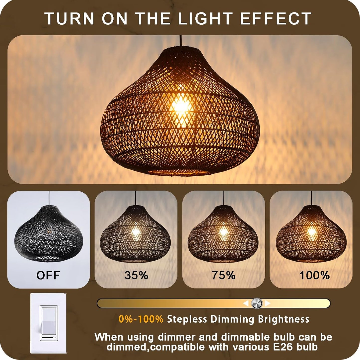 Karjear Black Rattan Chandelier, 16.5 inch Large Wicker Pendant Lights Fixture Hand-Woven Basket Hanging Light for Dining Room Kitchen Island Living Room