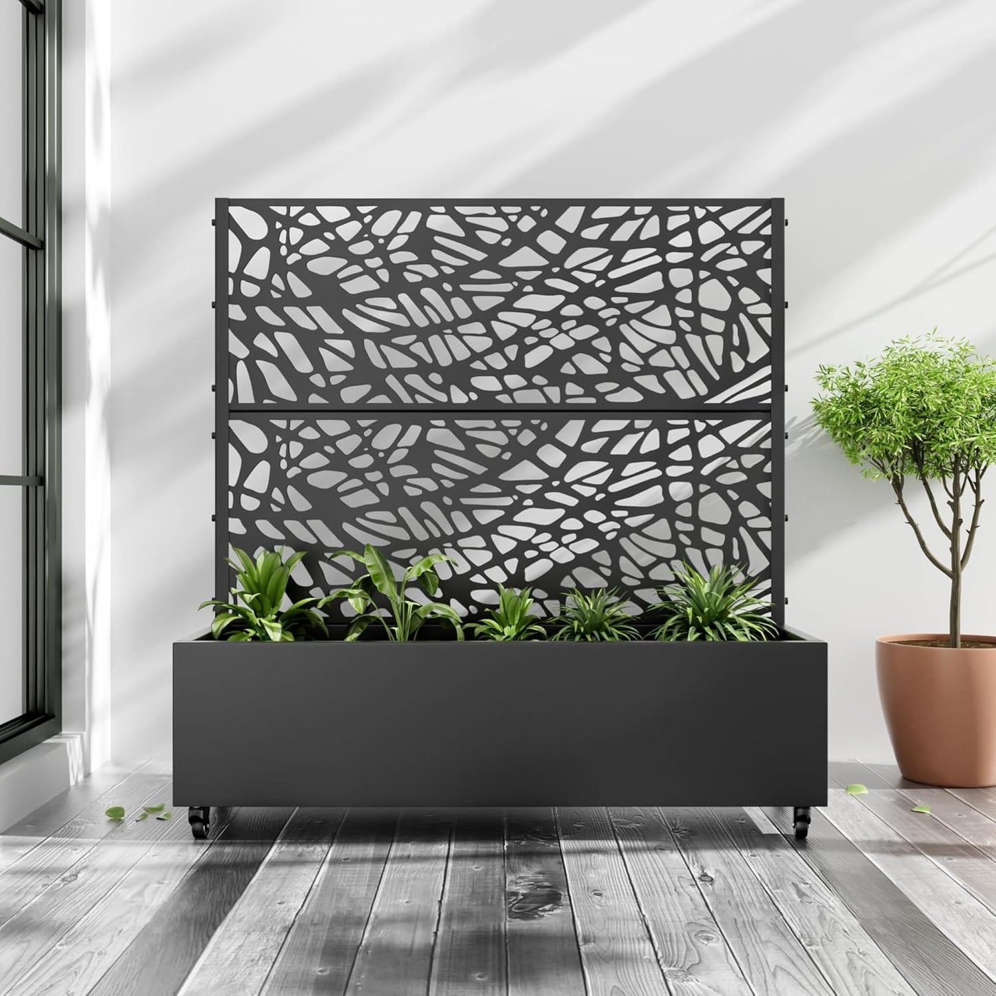 Casaphoria Metal Raised Garden Bed with Trellis and Wheels, 47"x47"x16" Planter Box for Climbing Plants, Vegetables & Vines, Features Drainage Holes and Privacy Screen (Black-Net)