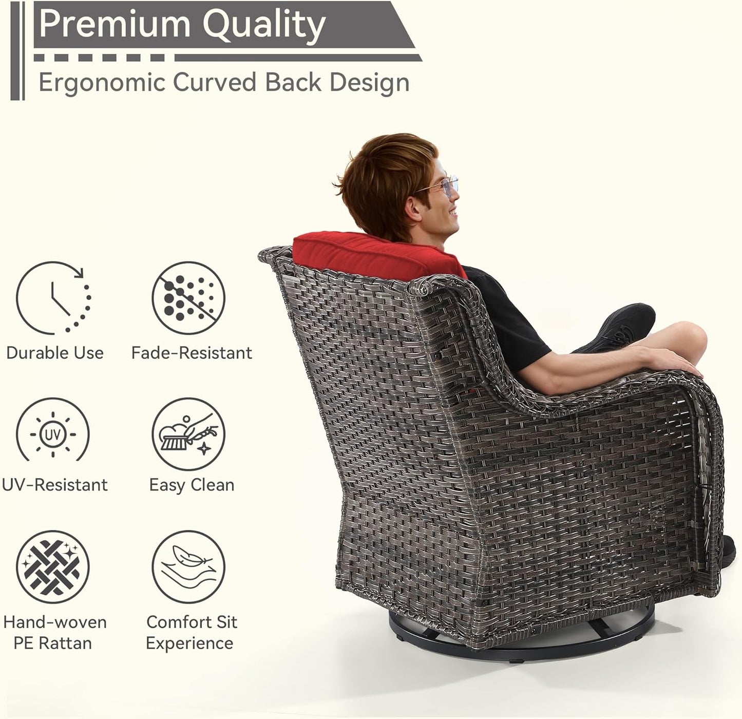 Outdoor Swivel Rocker Patio Chair - Outdoor Wicker Patio Glider Chair with Olefin Fabric Cushions Suitable for Backyard Deck and Porch, Red