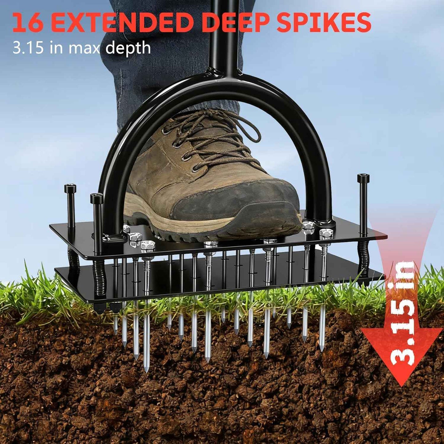 Lawn Aerator Tool, 16 Iron Spikes Manual Grass Aerator Lawn Tool with Spring-Loaded Design & Adjustable T-Handle, Automatic Leaf and Dirt Cleaning Yard Aerator for Loosening Soil Aerating Patio Garden