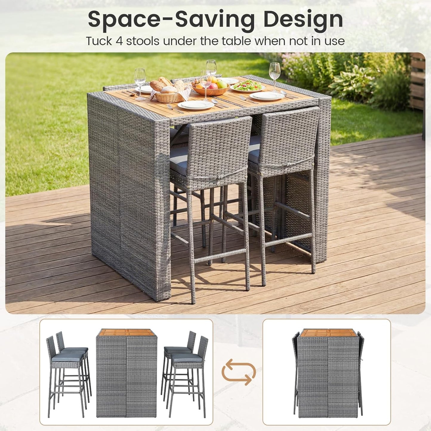 Tangkula 5 Piece Wicker Outdoor Bar Set, Patiojoy Acacia Wood Patio Table and Chairs Set with Bar Height Table & 4 Rattan Bar Stool, Backrest and Footrest for Pool Backyard Deck
