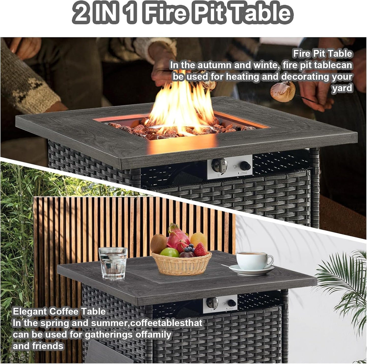 HUMMUH 5 Piece Patio Furniture Set,Wicker Swivel Rocker Patio Chairs Set of 4 with 30'' Fire Pit Table Outdoor Furniture Set for Porch,Garden,Backyard