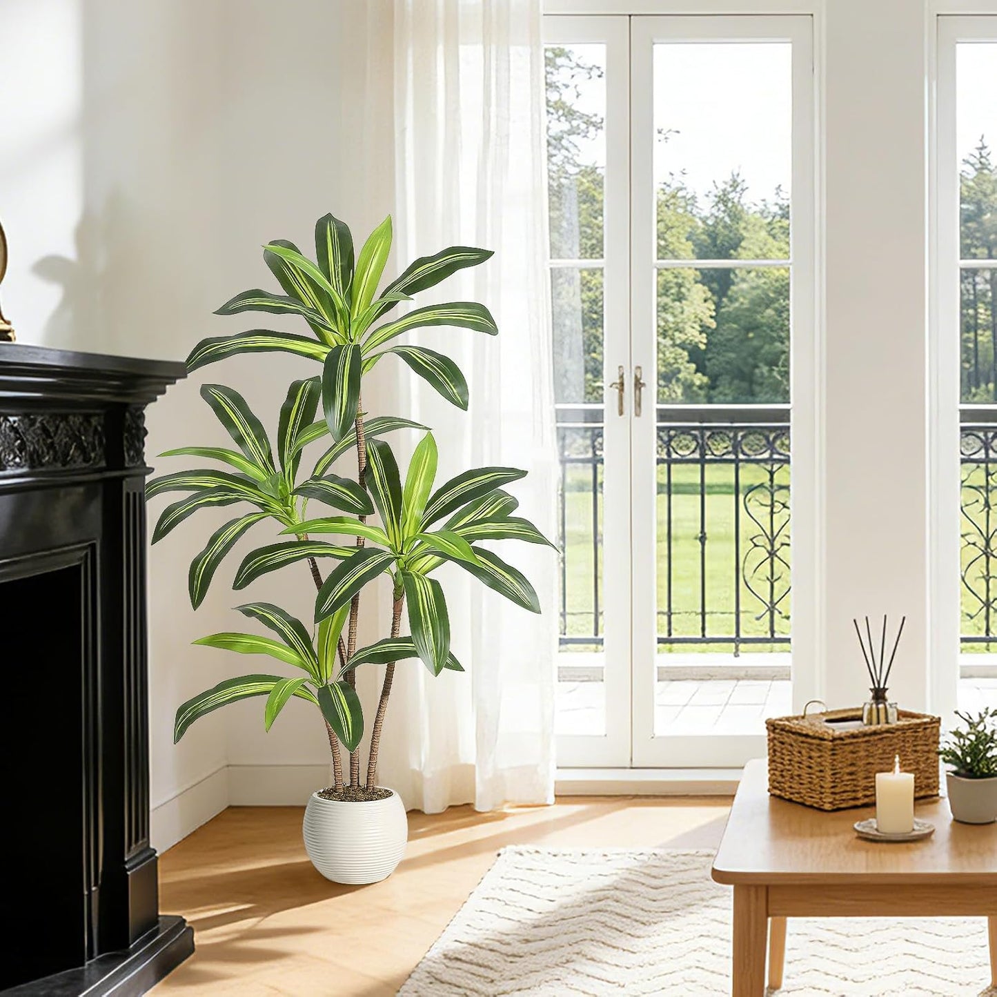 4FT Artificial Dracaena Tree, Artificial Plants Indoor with White Tall Planter, Faux Yucca Silk Tree Fake Tropical Floor Plant in Pot, Fake Plants for Home House Room Office Entryway Porch Decor