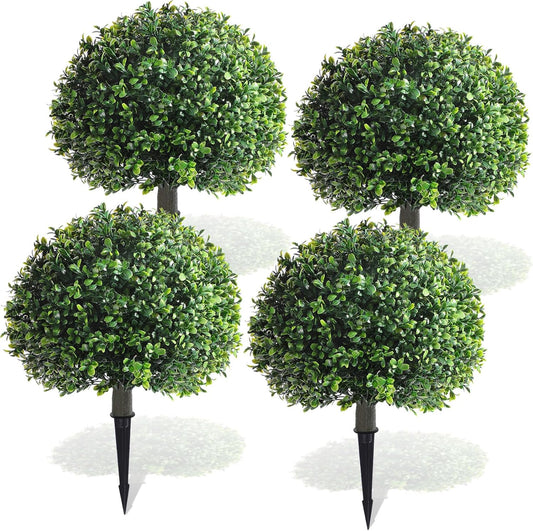 Yunlly 4 Pack 18" Artificial Boxwood Ball Bush Topiary Trees Fake Outdoor Plants, Realistic UV Resistance Faux Shrubs with Spike Greenery Topiary Potted for Front Porch Garden Yard Patio Indoor Decor