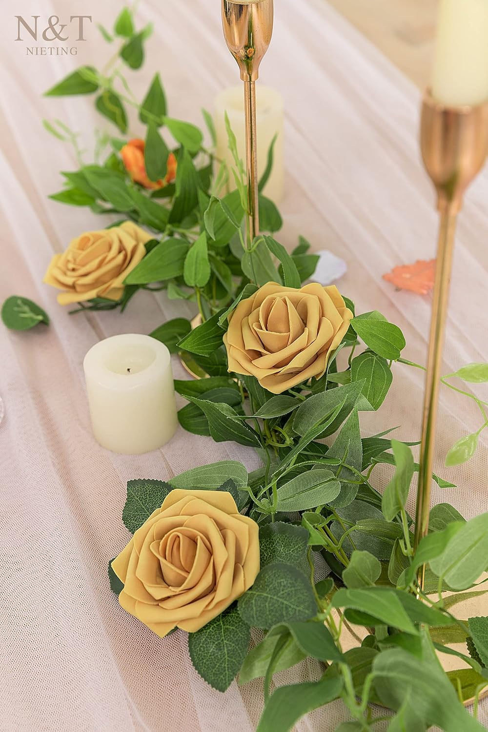 N&T NIETING Artificial Flowers 50pcs Real Looking Gold Yellow Foam Fake Roses with Stems for DIY Wedding Bouquets White Bridal Shower Centerpieces Arrangements Party Tables Decorations