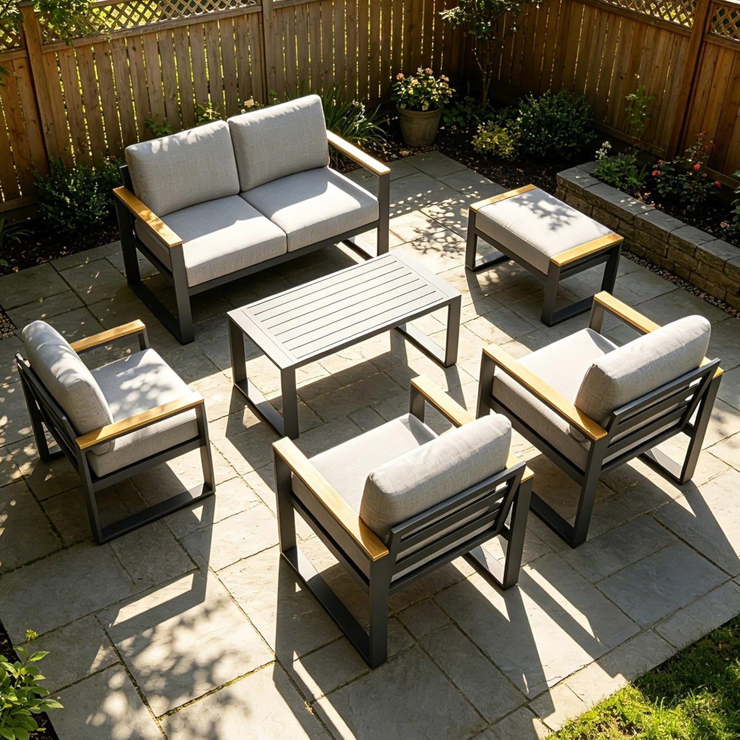 Modern Aluminum Patio Loveseat and Coffee Table Set - All-Weather Outdoor Furniture - Washable Thick Cushions - Rust Resistant, Easy Assembly - Comfortable for Balcony, Garden, Deck, Backyard - Gray