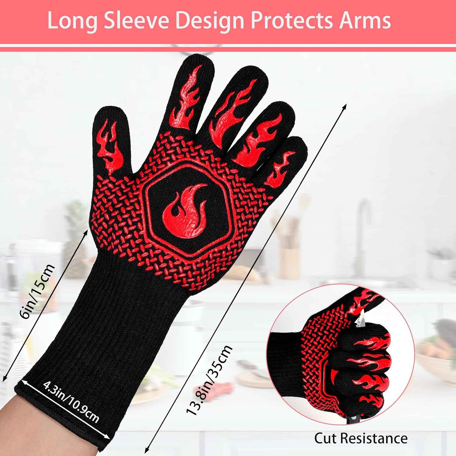 BBQ Fireproof Gloves, Grill Cut-Resistant 1472°F Heat Resistant Gloves, Non-Slip Silicone Oven Gloves, Kitchen Safe Cooking Gloves for Oven Mitts,Barbecue,Cooking, Frying,13.8 Inch-Red