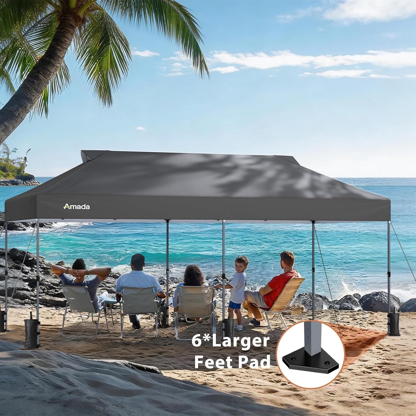 Amada 20x10 Pop Up Canopy Tent - Center Lock One Push Commercial Instant Canopies with 3-Height Adjustable & Wheeled Bag, 12 Stakes 6 Sandbags 6 Ropes, Great for Trade Shows, Events (20x10ft, Grey)