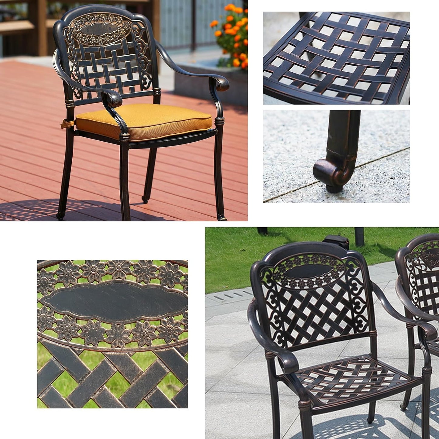 Outdoor Dining Chair Cast Aluminum Patio Chairs Set of 2 All-Weather Patio Dining Chair with Adjustable Feet for Backyard Garden (Muran Chair)