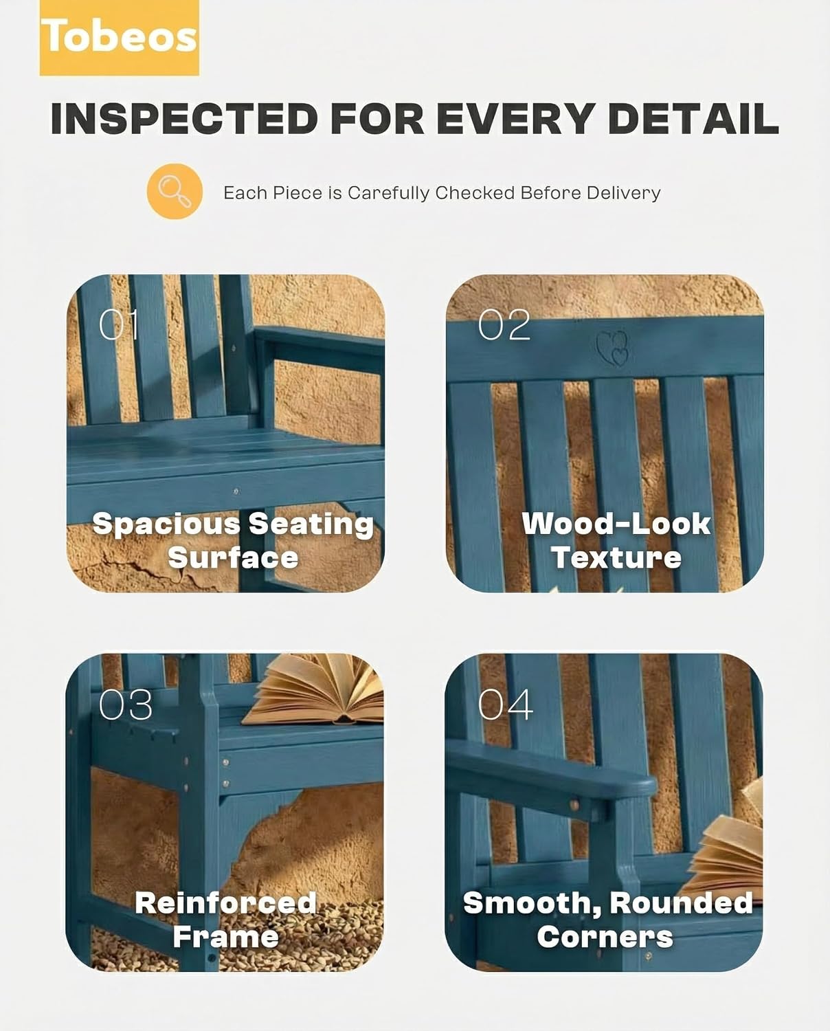 2-Person Outdoor Garden Bench, HDPE All-Weather Patio Bench with Backrest & Armrests, Heavy Duty Outdoor Seating for Porch, Backyard & Park, 660 lbs (Navy Blue, 1 Bench)