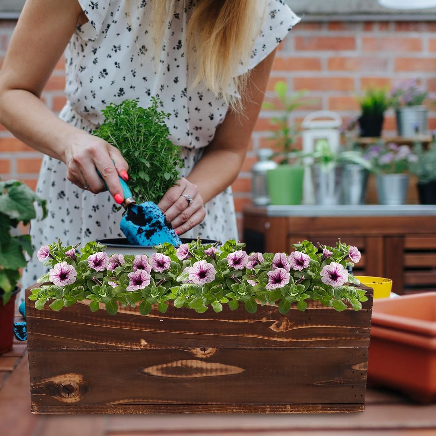 Rustic Rectangular Wood Planter Box for Succulents and Herbs, Large Outdoor Wooden Flower Pot with Anti-Corrosion Solid Wood, 40x14x15cm Balcony Garden Container