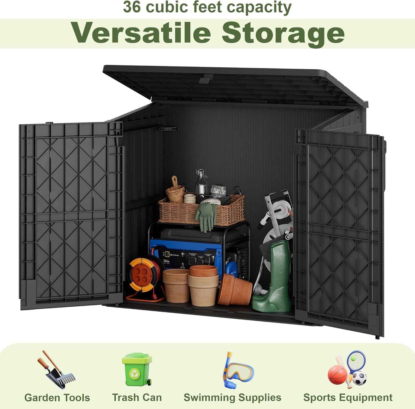 36 Cu Ft Resin Outdoor Storage Shed, Weatherproof Horizontal Outdoor Storage Cabinet with Dual Lock Door for Backyard, Patio, Garage, Garden(Black)