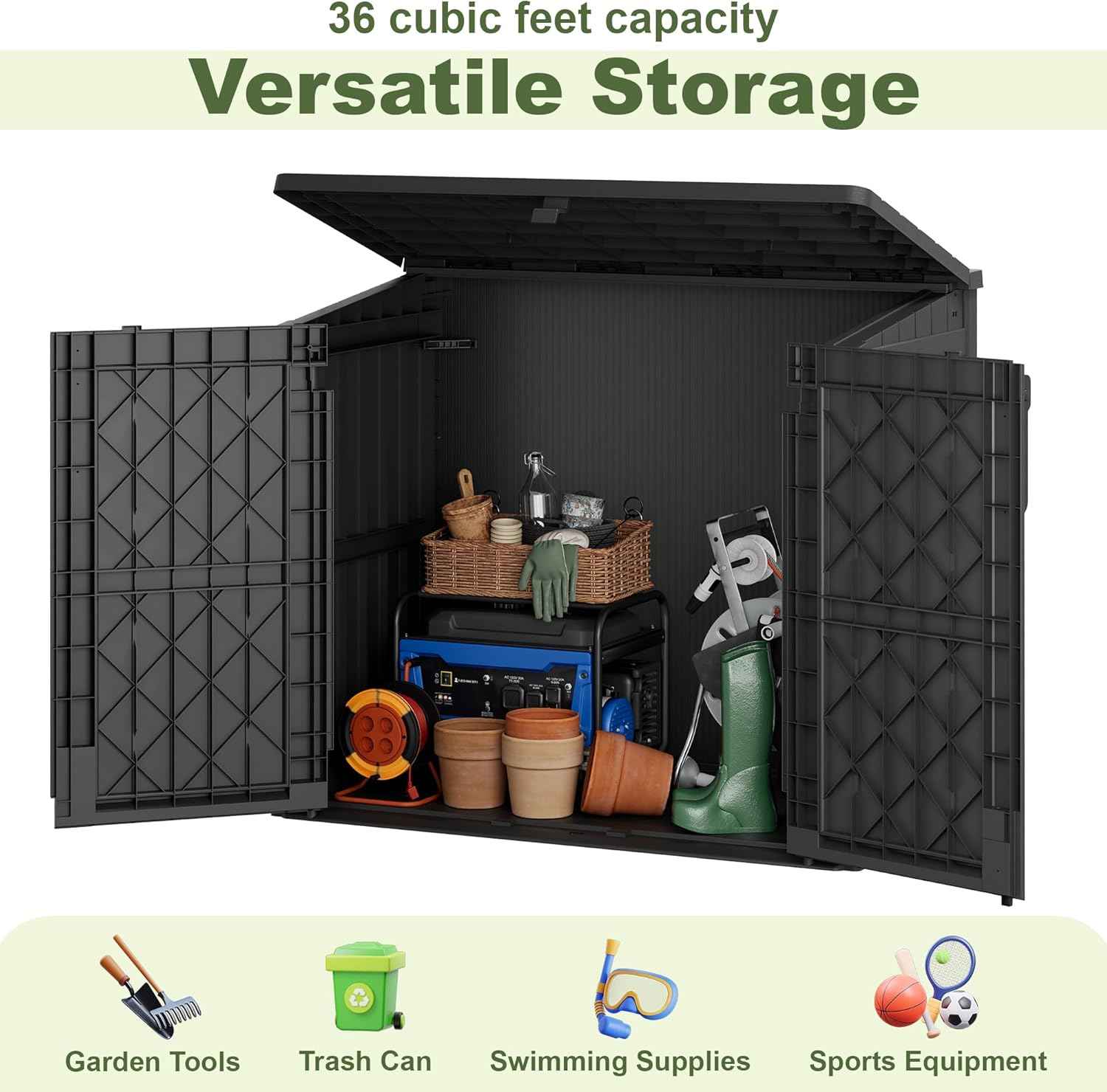 36 Cu Ft Resin Outdoor Storage Shed, Weatherproof Horizontal Outdoor Storage Cabinet with Dual Lock Door for Backyard, Patio, Garage, Garden(Black)