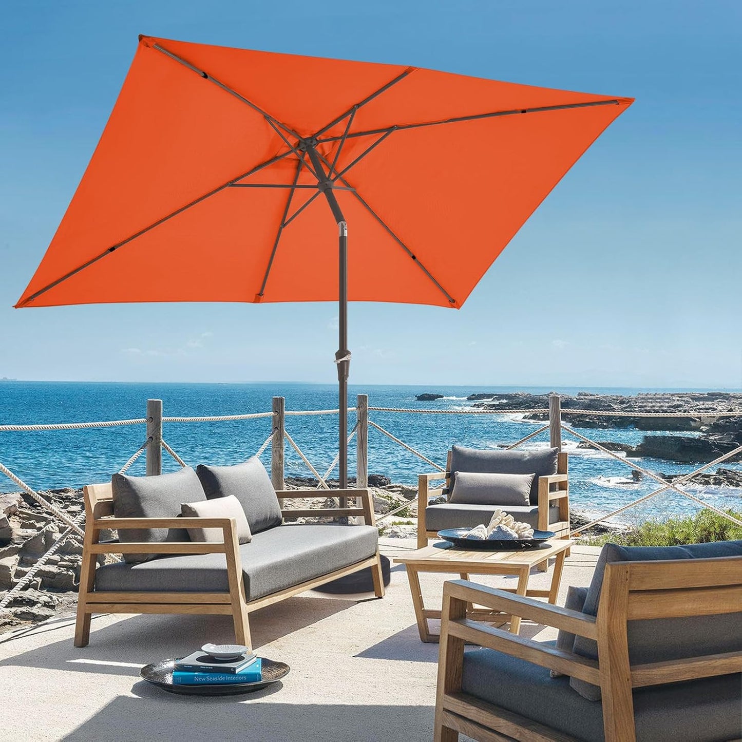 JEAREY 6.5x10 ft Rectangular Patio Umbrellas Outdoor Market Umbrella with Push Button Tilt and Crank, Rectangle Table Umbrella 6 Sturdy Ribs UV Protection for Pool Garden Backyard Deck, Orange