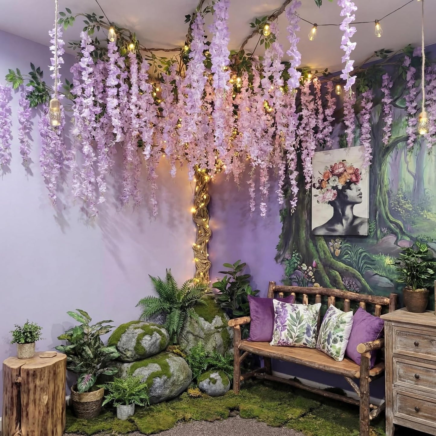 XunYee 40 Pcs 3D Wisteria Tree Wall Decor for Room Classroom Ceiling Artificial Wisteria Hanging Flower DIY Cardboard Paper Tree with Vine Kraft Paper Fairy Bulletin Board Decoration(Purple)