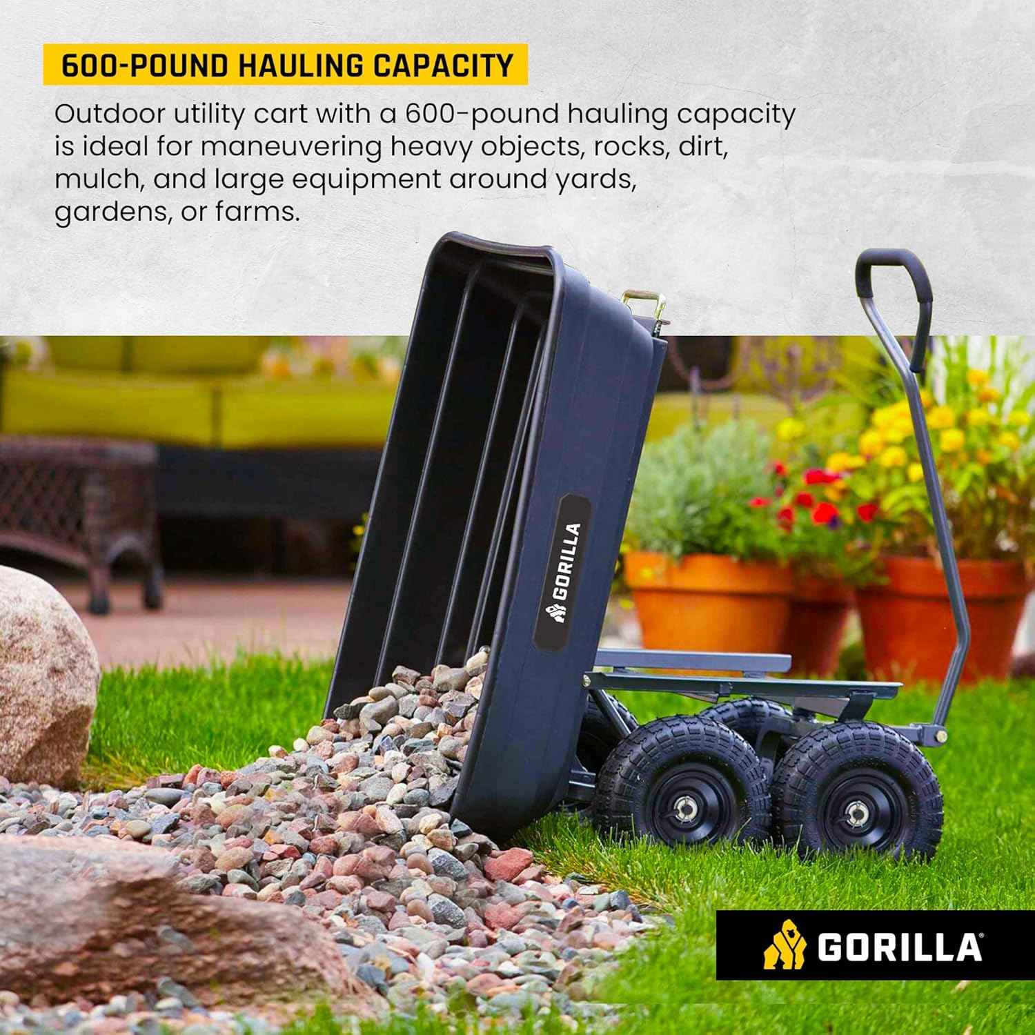 Gorilla Carts Poly Garden Dump Cart, 4 Cu Ft Tub, 600 lb Haul Capacity, Black – Heavy-Duty Utility Wagon with Quick-Release Dumping & Pneumatic Tires for Yard, Landscaping and Gardening