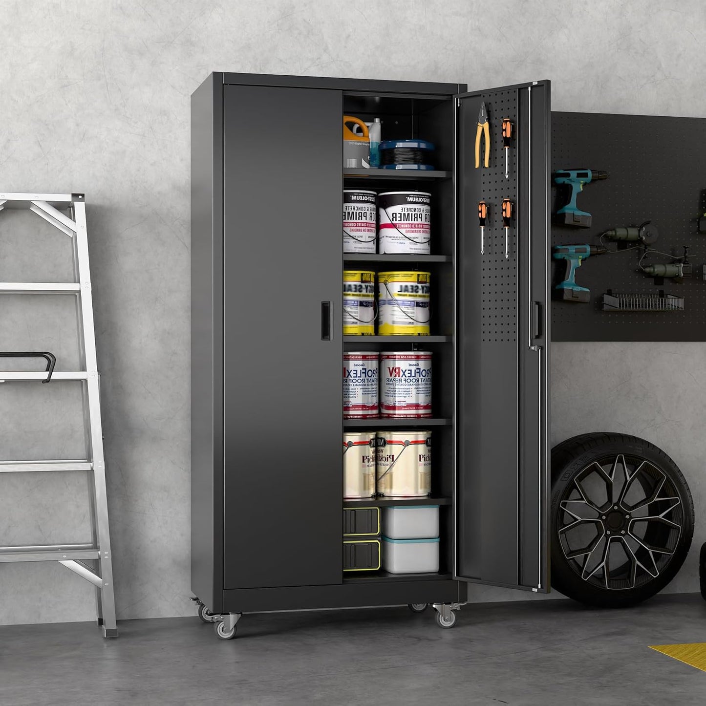 71" H×34" W×18" D Metal Garage Storage Cabinet with Wheels & Pegboard, Lockable Metal Storage Cabinets with 2 Doors&5 Adjustable Shelves for Garage&Home,Assembly Required,Black