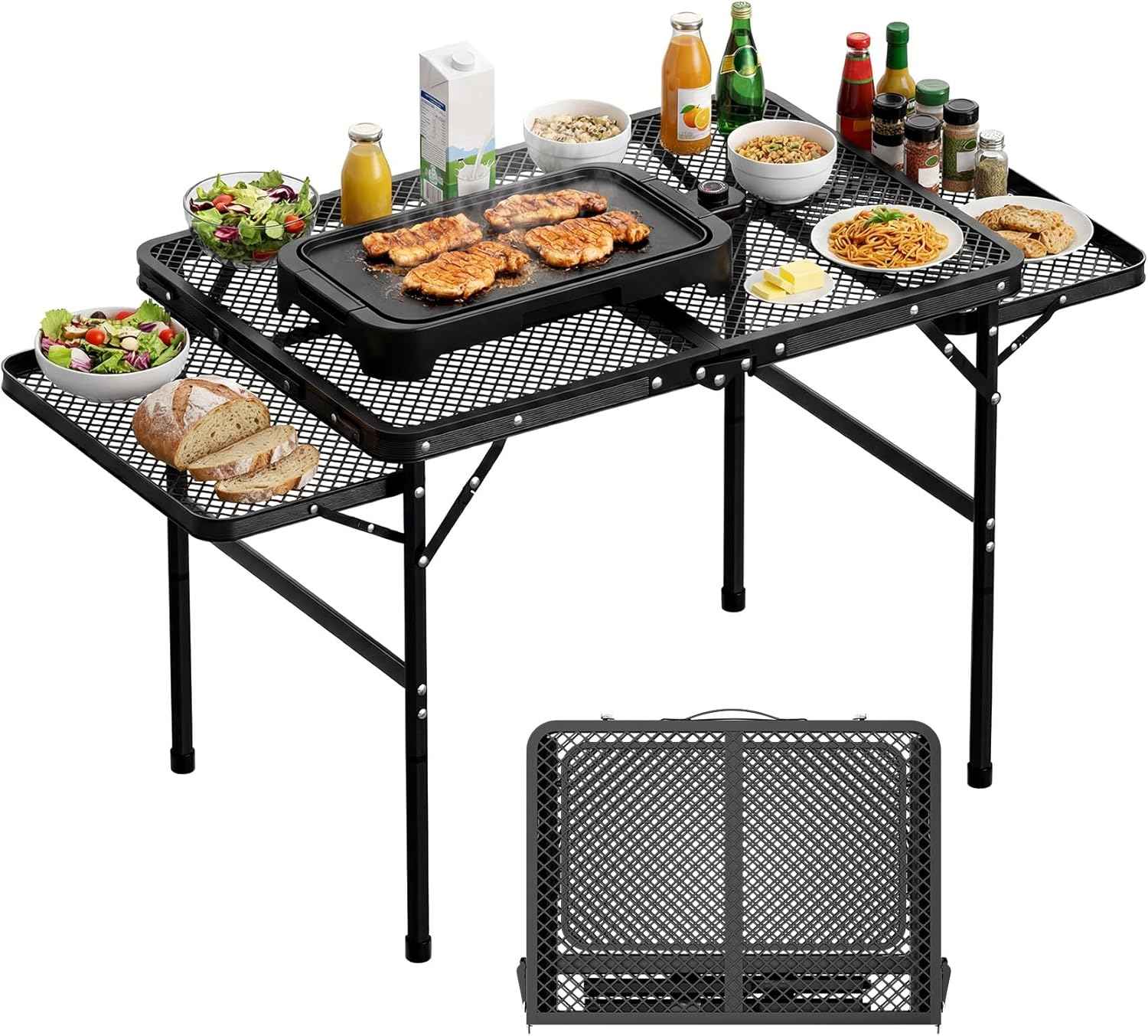 Folding Grill Table 30.3" Height Adjustable, Outdoor Camping Table with 2 Extra Desktops, 3x2 FT Portable Metal Grill Table for Outside for Picnic BBQ Camping Beach
