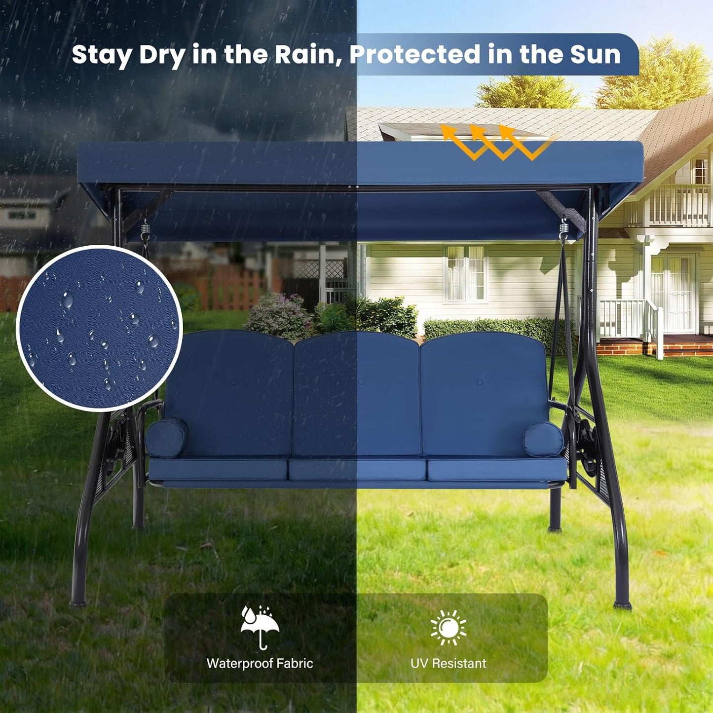 3 Seat Outdoor Porch Swing with Adjustable Canopy,2 in 1 Patio Swing Bed with Stand 800lbs for Adults,Outdoor Swing with Removable Cushion, Cup Holder ＆ Pillow for Backyard, Porch, Garden