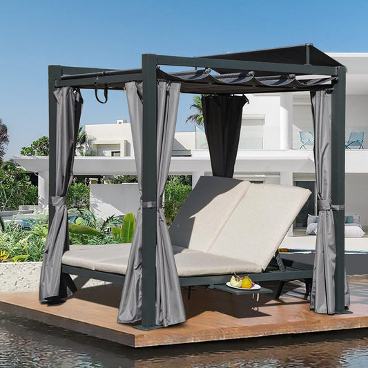 Domi Aluminum Outdoor Patio Daybed with Retractable Canopy Bed, Double Chaise Lounge Outdoor Grey Curtain with Beige Cushion & Cup Holder, for Outside Pool,Garden,Backyard,Lawn